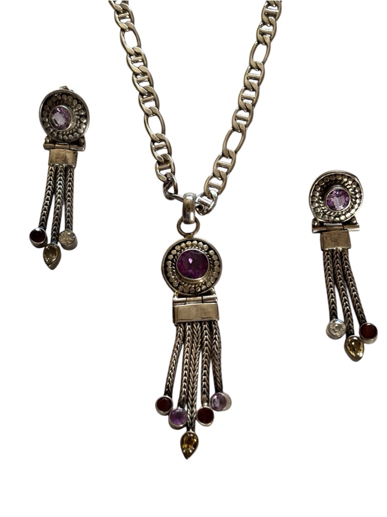 Sterling Silver Amethyst Topaz Garnet Necklace Pendant And Earrings Vintage